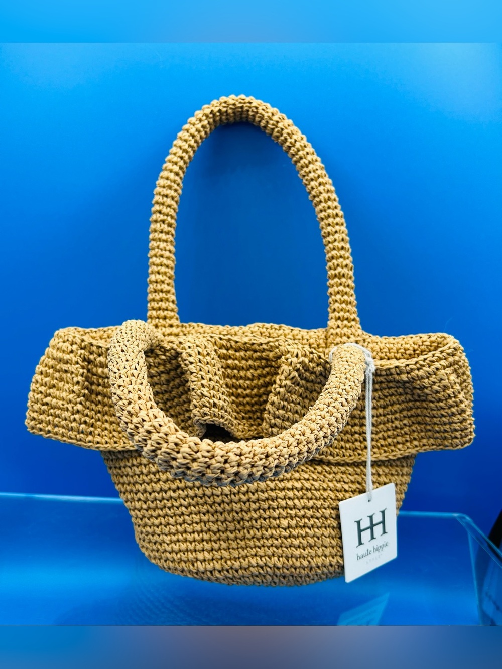 Haute Hippie Raffia Double Handle Bag with Ruffled Rim, Camel Tan, NWT - Picture 3 of 8